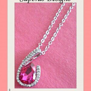 Silver Tone Necklace With Pink October Birthstone Crystal & Clear Crystals